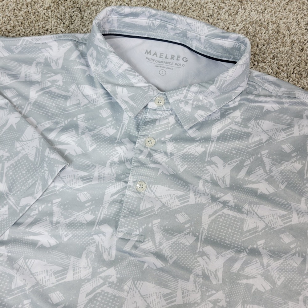 Maelreg Mens Large Gray White AOP Abstract Performance Stretch Polo Short Sleeve